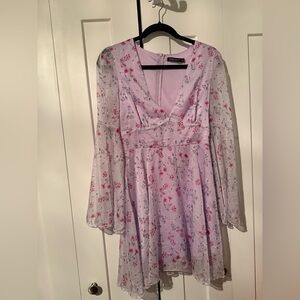 Double Crazy Lilac Floral V-Neck Long Sleeve Mini Dress